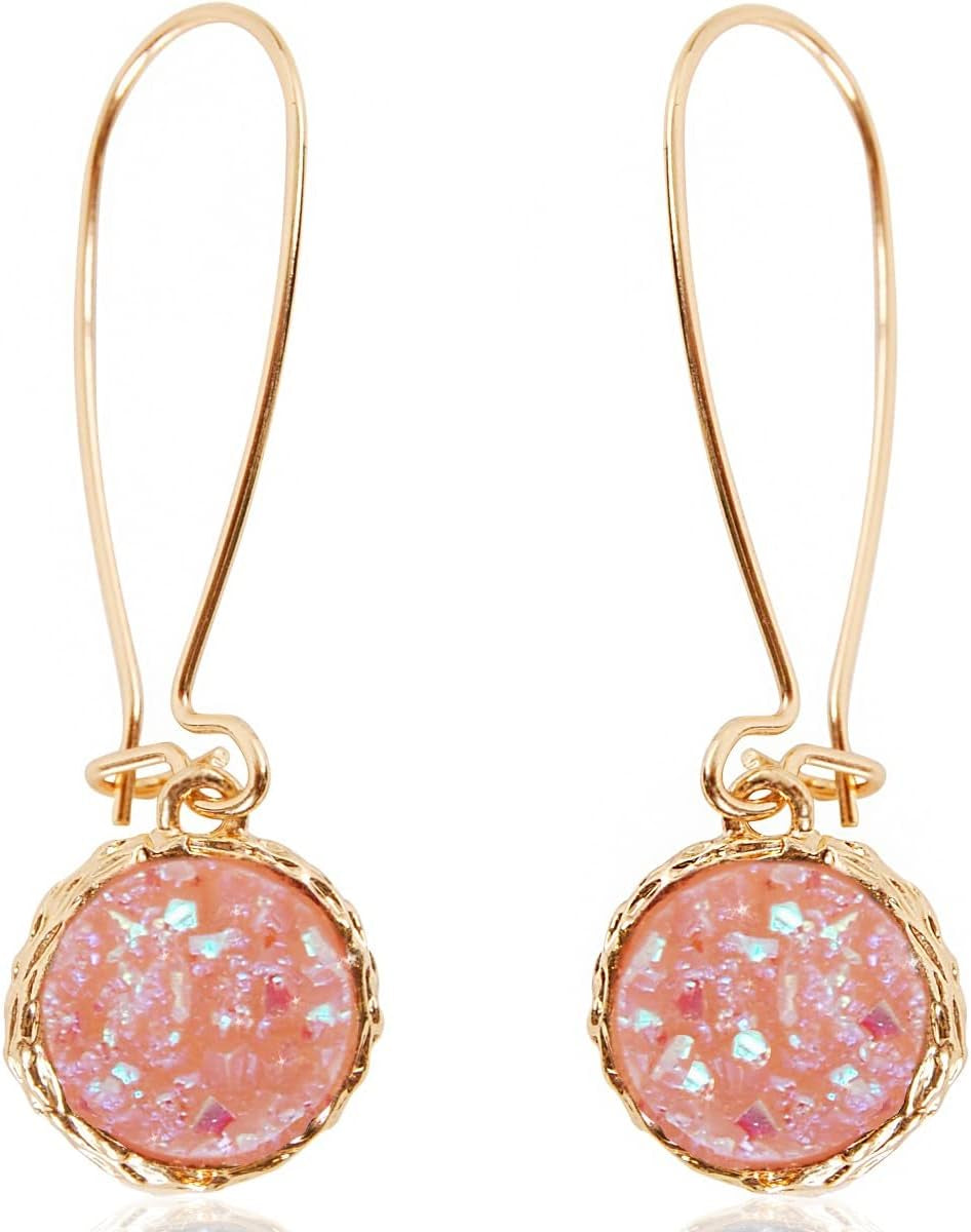 Humble Chic Simulated Druzy Threader Drop Earrings for Women - Gold, Silver, or Rose Gold Tone Trendy Boho Dangles with Sparkly Round Stone