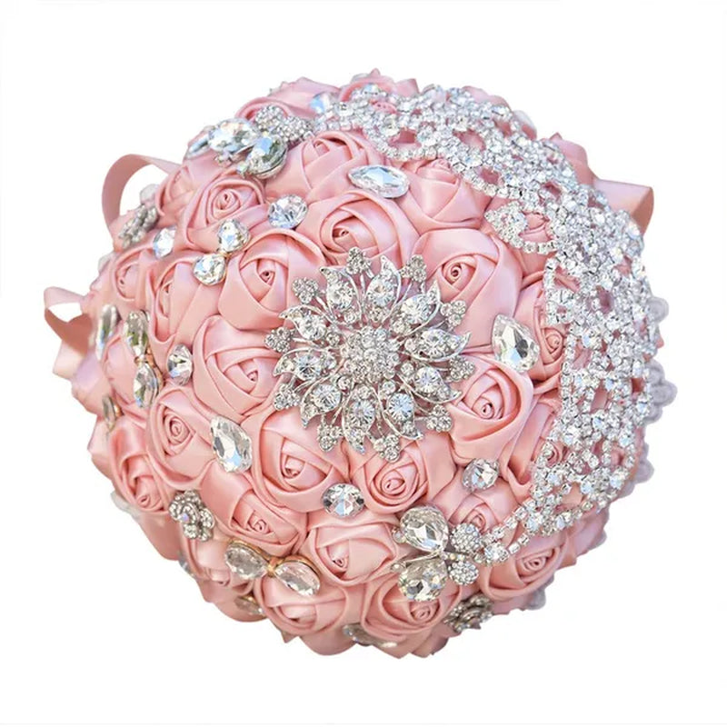 18CM Luxury Crystal Brooch Bride Bouquet Holding Flower Ribbon Lace Wedding Bouquet Artificial Simulation Rose Wedding Flower Bridesmaid Bouquet