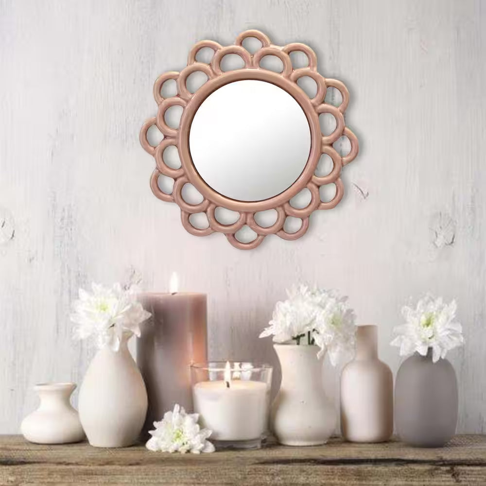 9 In. X 9 In. Decorative round Pink Dusty Rose Cutout Ceramic Wall Hanging Mirror