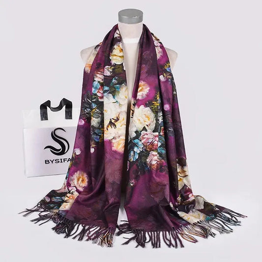 [BYSIFA] Purple Roses Women Scarves Shawl For WInter New Design Warm Long Cashmere Pashmina Double Faces Ladies Scarves Wraps