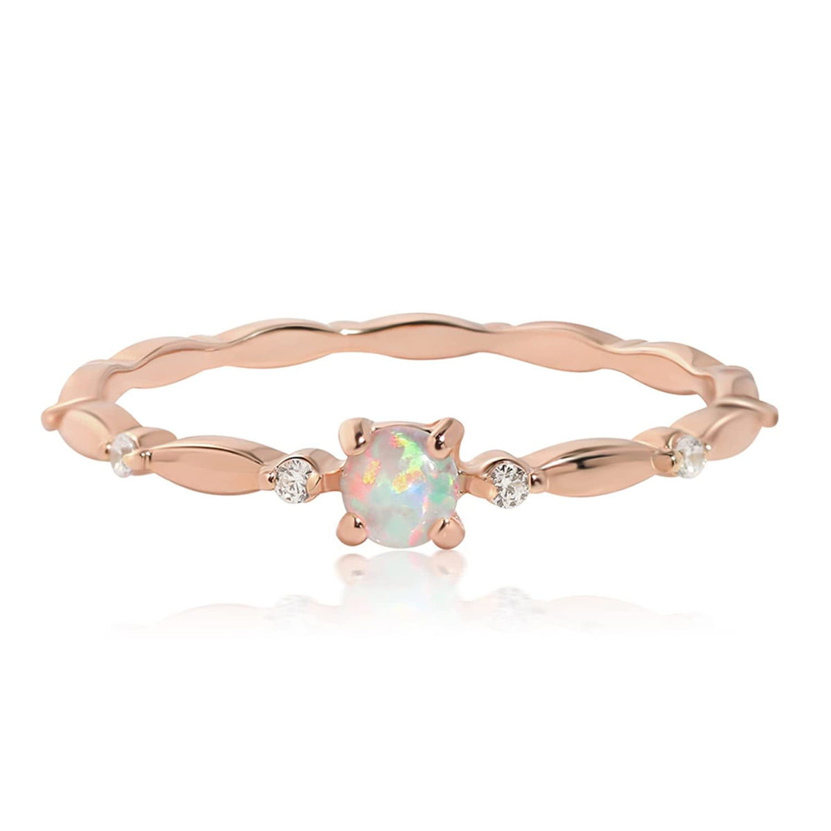 Sterling Silver Opal Ring for Women White Fire Opal October Birthstone Dainty Minimalist Stackable Ring Gold Promise Ring Size 5-9 (Rose Gold, 6.5)