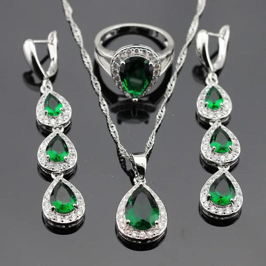 Water Drop Green Zircon White Topaz AAA Zircon 925 Silver Jewelry Sets Necklace Pendant Long Drop Earrings Ring For Women