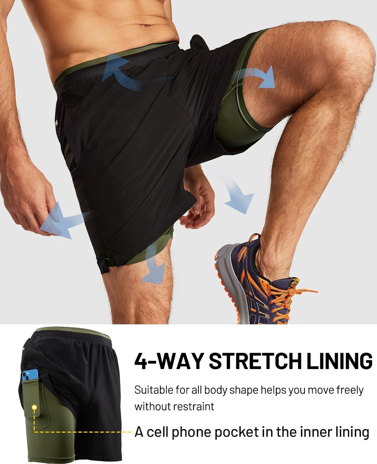 Men'S 2 in 1 Running Shorts with Liner 5" Quick Dry Gym Workout Athletic Shorts with Pockets, Lightweight, Breathable