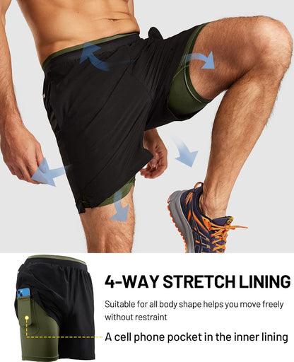 Men'S 2 in 1 Running Shorts with Liner 5" Quick Dry Gym Workout Athletic Shorts with Pockets, Lightweight, Breathable