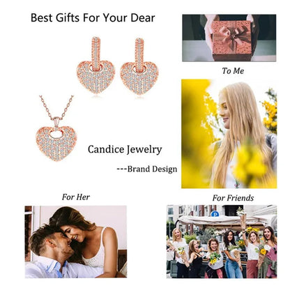 CANDICE Gorgeous Party Jewelry Set Full Micro Pave Tiny Cubic Zirconia Rose Gold Plated Love Heart Pendant Necklace Earrings For Women Gift