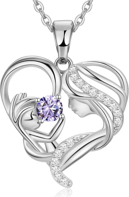Gift for Mom, Mother and Child Love Heart Pendant Necklace, Mothers Day Gifts for Mom Women 925 Sterling Silver Necklace with Birthstone Necklaces for Mother'S Day Valentines Anniversary Christmas Birthday Gifts for Wife from Husband