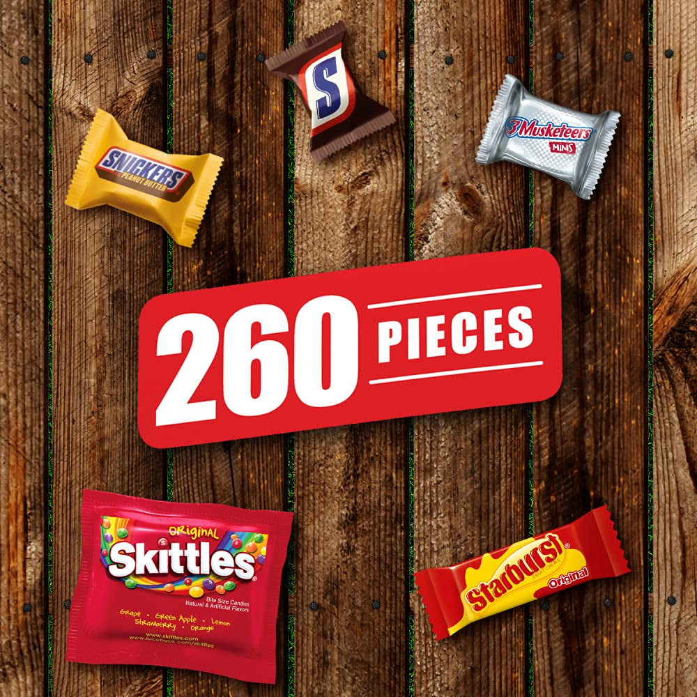SNICKERS Chocolate Candy, SKITTLES Original Chewy Candy, STARBURST Original Chewy Candy & 3 MUSKETEERS Assorted Bulk Candy Variety Pack, 80.36 Oz Bag
