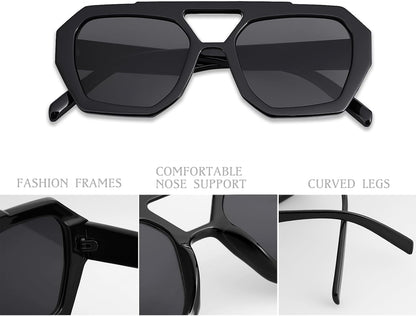 Trendy Designer Inspired Aviator Sunglasses for Women Men Hexagonal Square Thick Frame Double Bridge Sun Glasses