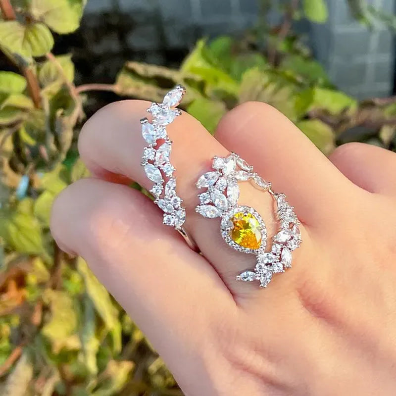 CANDICE Designer Women Wedding Band Finger Jewelry Luxury White Gold Plated Inlaid Shiny AAA Zirconia with Yellow Waterdrop Stone Opening Adjustable Ring for Bride