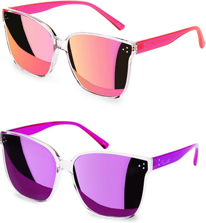 Sunglasses Womens, Oversized Pink Sunglasses for Women with Trendy Mirrored Lens UV400 Blocking