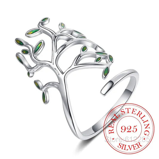 925 Sterling Silver Tree of Life Green Tree Leaves Adjustable Finger Rings for Women Sterling Silver Jewelry Wedding Party Gift