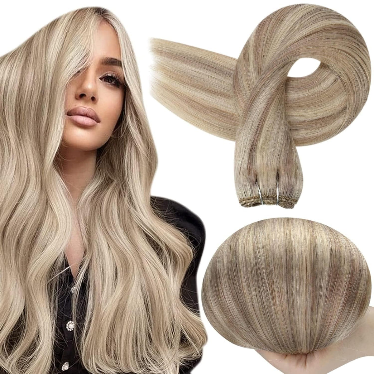 Weft Hair Extensions Ash Blonde Hair Wefts Human Hair Sew in Blonde Highlight Human Hair Weft Extensions Full Ends Double Weft Remy Hair Extensions 20 Inch 105G #18/613