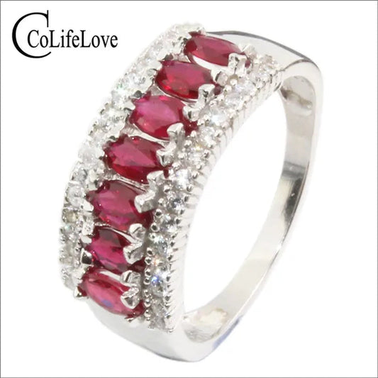 100 % real blood red ruby wedding ring 7 pcs 2.5 mm * 5 mm natural ruby silver ring classic 925 sterling silver ruby ring