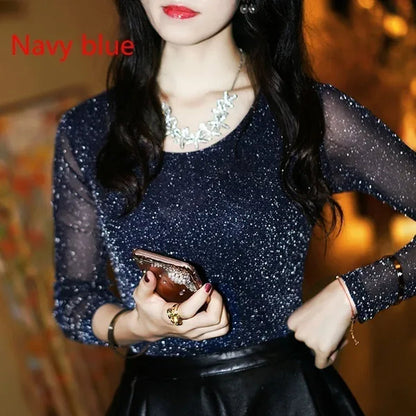 Korean new style sexy T-shirt Party Fashion New Wild Shiny Gold and Silver Mesh Yarn Round Neck Shirt Blouses