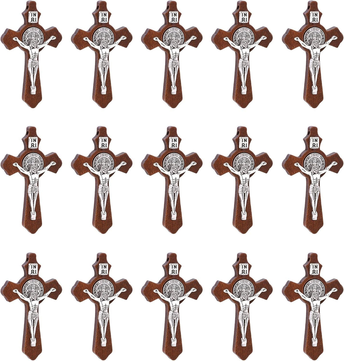 10Pcs Catholic Religious Jesus Wear I Handcrafted Inlay Alloy Wood Cross Crucifix Pendant Necklace Charm Jewelry Making Accessaries