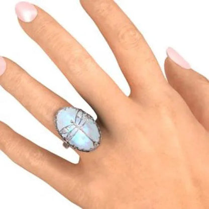 Antique Silver Dragonfly Ring Women's Vintage Big Moonstone Murdoch Diamond Dragonfly Ring Anniversary Gift Engagement Party Wedding Jewelry Rings Size 5-10