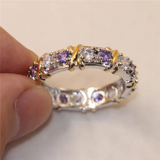 Brand Jewlery Women's Fashion 925 Silver Purple Simulated Diamond Cubic Zirconia Tanzanite Yellow Gold Cross Eternal Band Wedding Ring