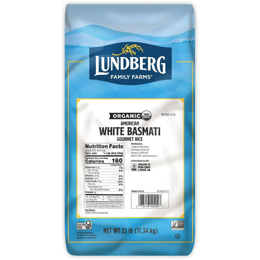Basmati Rice, Organic Long Grain White Rice - Non-Sticky, Fluffy, Nutty, Aromatic Rice, Vegan Food, Healthy Meals, Gluten-Free Rice Grown in California, 25 Lbs
