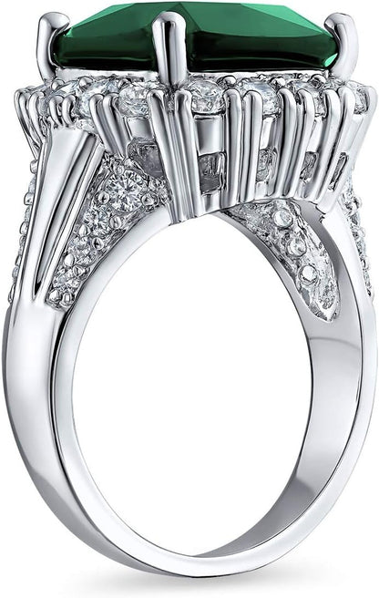 Big Solitaire AAA Cubic Zirconia Pave CZ 5-7CTW Cushion Emerald Cut Simulated Ruby Red Green Vintage Art Deco Style Halo Cocktail Statement Ring for Women Silver Plated Customizable