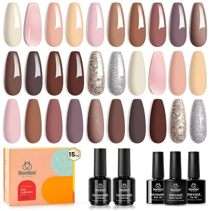 Beetles 23Pcs Gel Nail Polish Kit with Glossy Matte Top Coat and Base Coat Girls Night Collection White Nude Gray Glitters Gel Nail Polish Set U V Soak Off Holiday Manicure for Women Girls