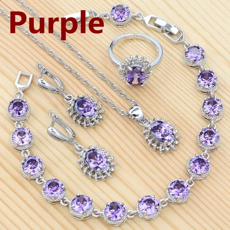 Natural Green Cubic Zirconia 925 Sterling Silver Jewelry Sets for Women Engagement Earrings Ring Pendant Necklace Set