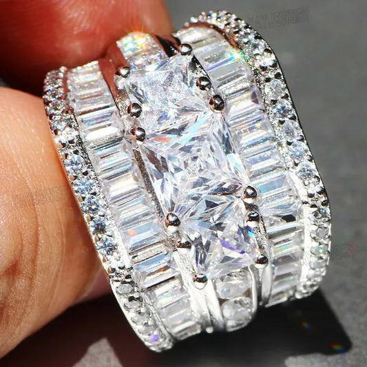 Luxury  Silver White Sapphire Flower Ring Natural Gemstones Birthstone Engagement Rings Wedding Anniversary Bride Women Man Princess Cross Ring Size 6 7 8 9 10