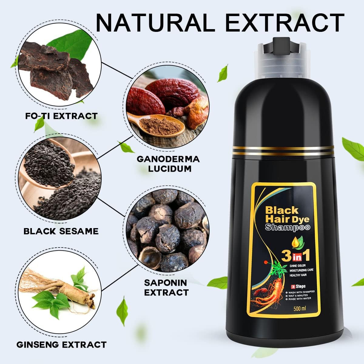 Black Hair Dye Shampoo 3 in 1 for Women/Men for Gray Coverage Instant Hair Color Shampoo Natural Herbal Semi Permanent Champu Para Cana