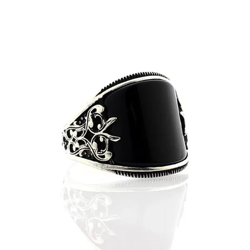 Men's fashion European and American retro silver-plated punk relief totem ring natural gemstone obsidian ring noble gentleman style engagement wedding banquet accessories boyfriend birthday father's day gift jewelry ring of power