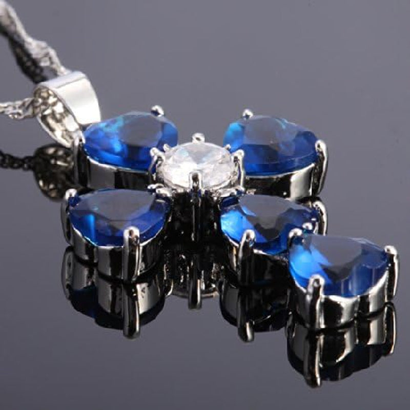 Cross Pendant with 18" Chain & Heart Cut CZ [Simulated Blue Sapphire] in White Gold Plated, Simple Modern Elegant