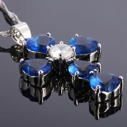 Cross Pendant with 18" Chain & Heart Cut CZ [Simulated Blue Sapphire] in White Gold Plated, Simple Modern Elegant