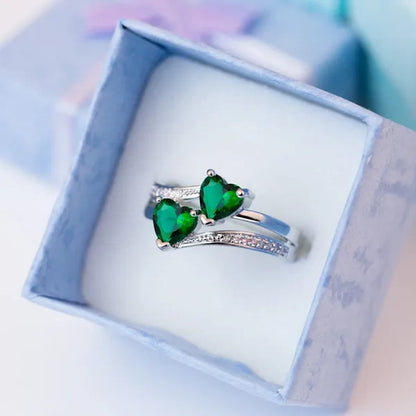Fashion Elegance Silver Color Double Heart-Shaped Zircon Birthstone Bridal Princess Wedding Engagement Party Ring Size 5-11