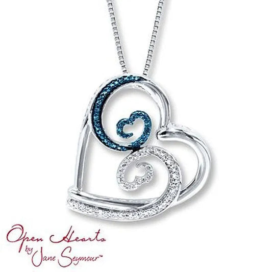 Women Necklace 925 Silver Inlay Diamond Sapphire Open Heart Pendant Necklace Lover Birthday Party Romantic Jewelry Gift