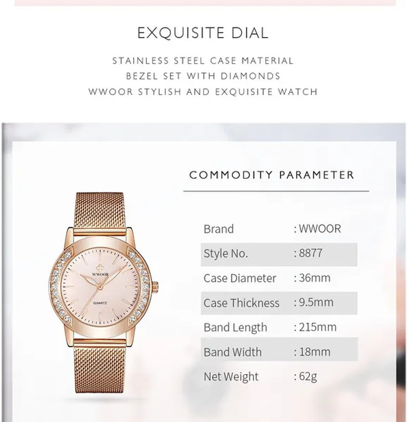 WWOOR Luxury Crystal Ladies Bracelet Watches Top Brand Fashion Women Quartz Watch For Women Rose Gold Mesh Band Wrist Watch Montre Femme