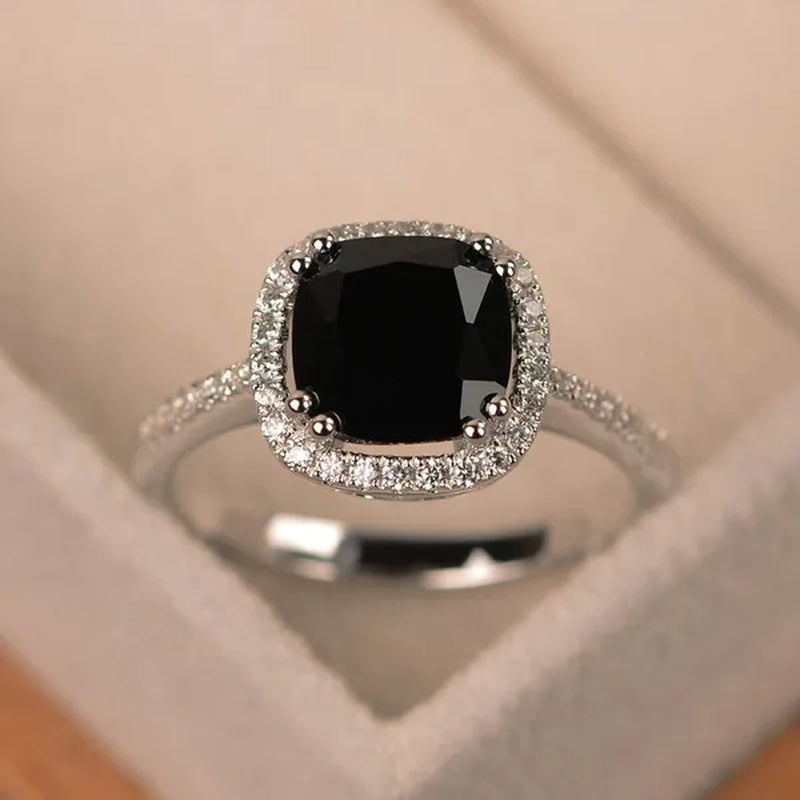 Black Spinel Ring, Halo Ring, Cushion Cut, Black Rings, Gemstone Ring, Promise Ring Black, Sterling Silver