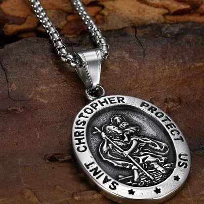 Retro Vintage Stainless Steel Saint Christopher Protect Us Holy Cross Religious Pendant Necklace