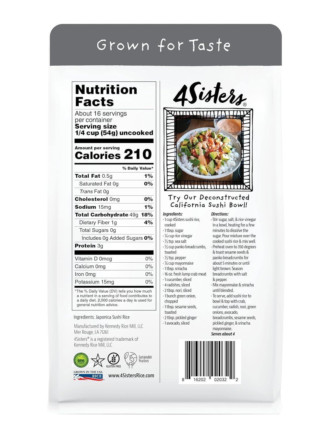 '- Authentic Short Grain Japonica Sushi Rice - Sustainably Grown - Women Owned - Farm to Table - 2Lb