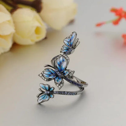 Exquisite 925 Sterling Silver Jewelry Rings for Women Female 3 Butterfly Animal Ring Temperament Blue Sapphire Zircon Inlay Ring Gun Black Ring Engagement & Wedding Band Ring Size 6-10