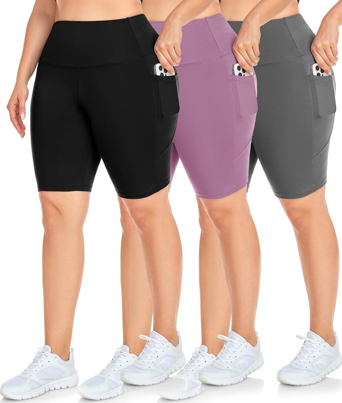 3 Pack plus Size Biker Shorts with Pockets for Women-High Waisted 8" Yoga Pants Workout Shorts