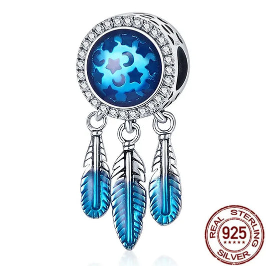 Original 925 Sterling Silver Blue Zircon Dream Catcher Stars Pattern Pendant Charm Fit Woman Bracelet Diy Fashion Jewelry