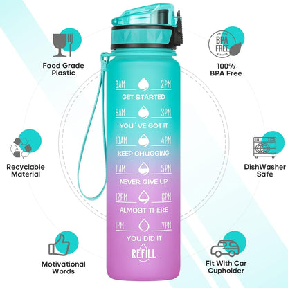 Motivational Water Bottle with Time Marker, 32 Oz (950 Ml), Bpa-Free Plastic, Easy Drink Straw, Fits Cup Holder