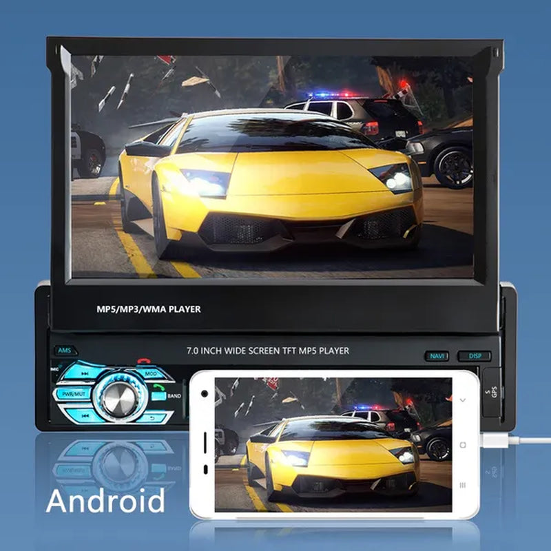 7Inch HD Retractable Touch Screen 1Din Car Stereo Audio Bluetooth Car Radio FM USB Support Mirror Link and Backup Camera(Optional)