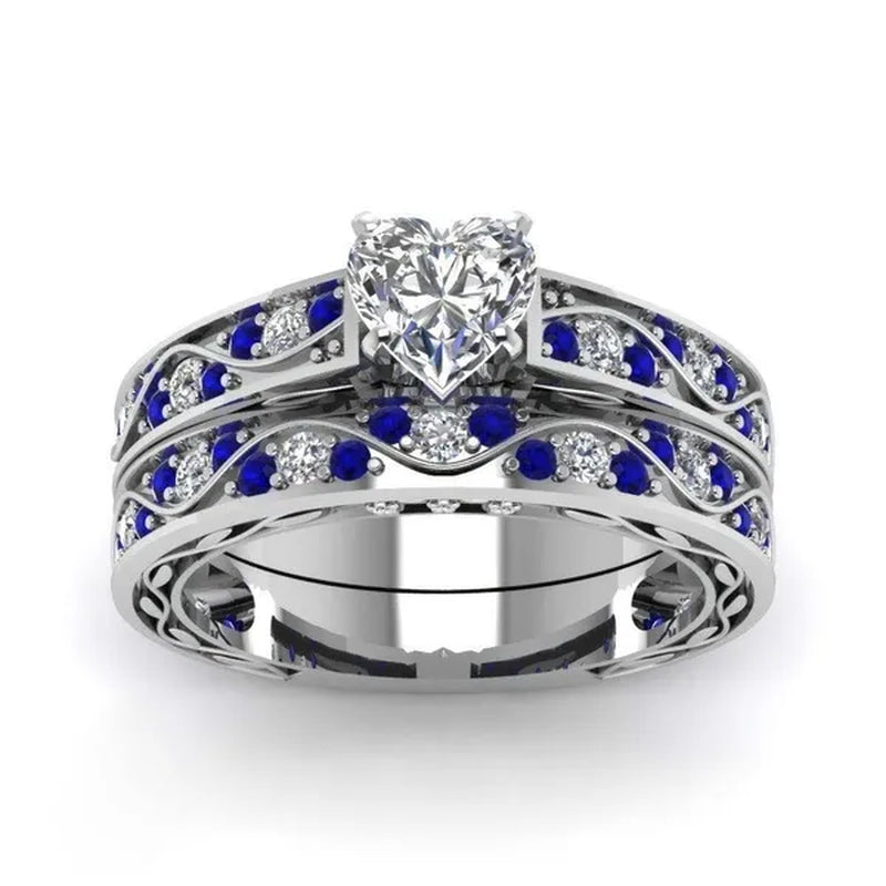 TWO RINGS Sz6-12 Couple Rings His Hers Blue Tungsten Mens Wedding Band White Gold Filled Heart CZ Sapphire Womens Ring Sets