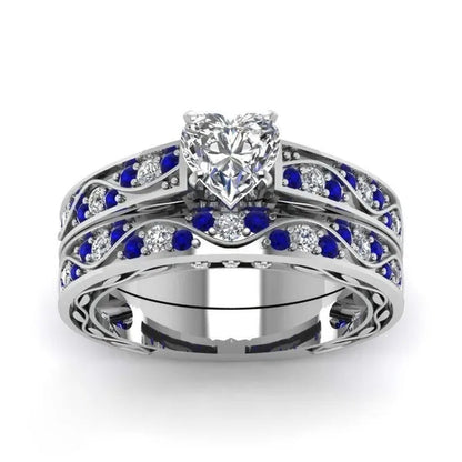 TWO RINGS Sz6-12 Couple Rings His Hers Blue Tungsten Mens Wedding Band White Gold Filled Heart CZ Sapphire Womens Ring Sets