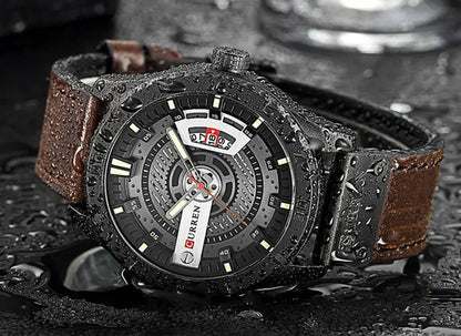 CURREN Men Watch Army Military Sports Watches Black Case Leather Strap Waterproof Date Function