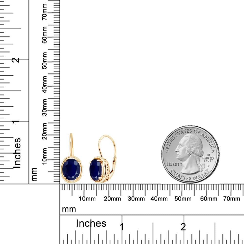 18K Yellow Gold Plated Silver Blue Sapphire Earrings | Oval 9X7MM Dangle Earrings for Women | 5.00 Cttw | Gold Earrings for Women