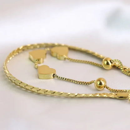 Women's Chain Bracelets 18K Gold Plated Stainless Steel Classic Heart Double Layer Tennis Bracelet Adjustable Bangle for Women