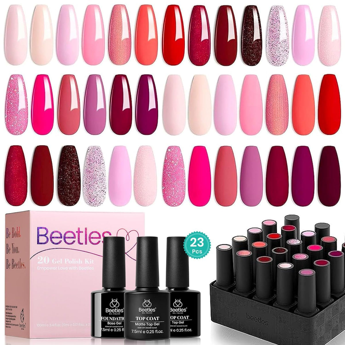 Beetles 23Pcs Gel Nail Polish Kit with Glossy Matte Top Coat and Base Coat Girls Night Collection White Nude Gray Glitters Gel Nail Polish Set U V Soak Off Holiday Manicure for Women Girls