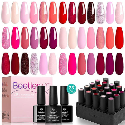 Beetles 23Pcs Gel Nail Polish Kit with Glossy Matte Top Coat and Base Coat Girls Night Collection White Nude Gray Glitters Gel Nail Polish Set U V Soak Off Holiday Manicure for Women Girls