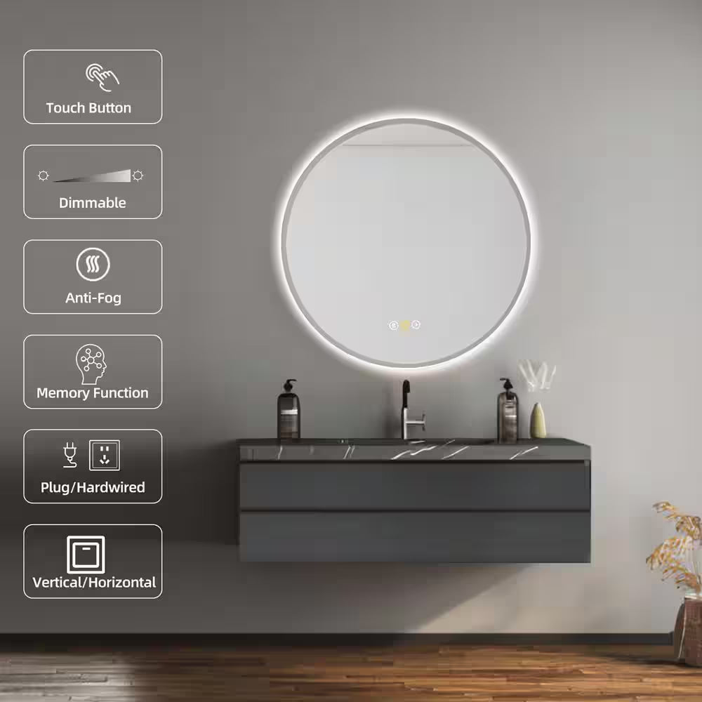 RS 28 In. W X 28 In. H round Beveled Edge 3 Colors Dimmable LED Anti-Fog Memory Wall Mount Bathroom Vanity Mirror