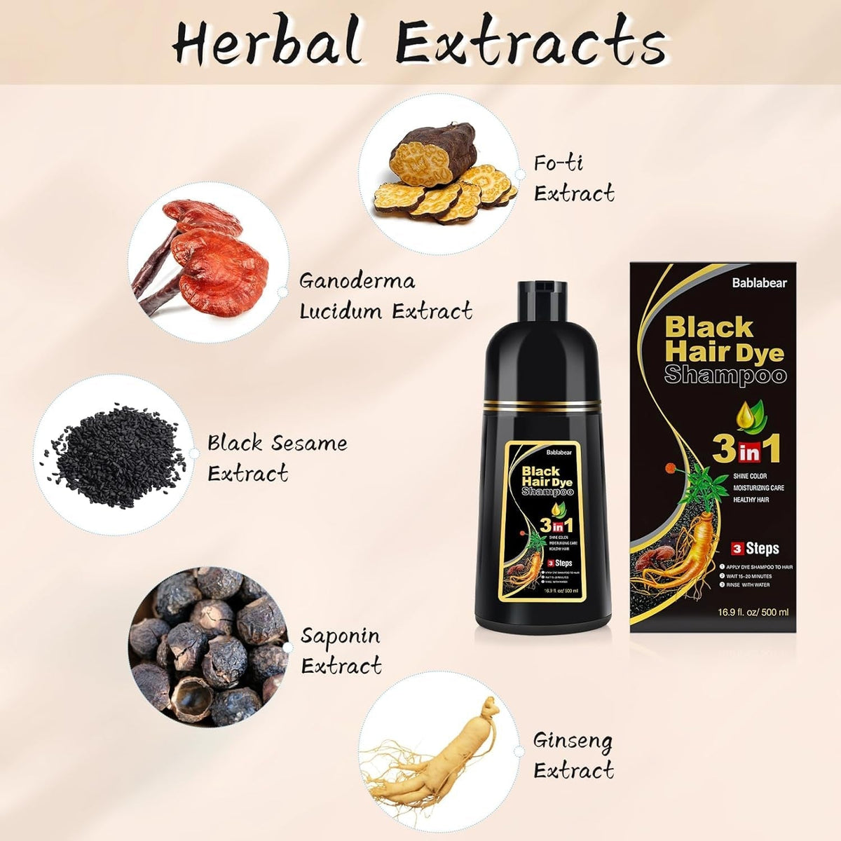 Black Hair Dye Shampoo for Gray Hair, Semi-Permanent Hair Color Shampoo for Women and Men, Herbal Ingredients, 3 in 1 100% Grey Coverage.Lasts 30 Days/500Ml/Natural Herbal Ingredients